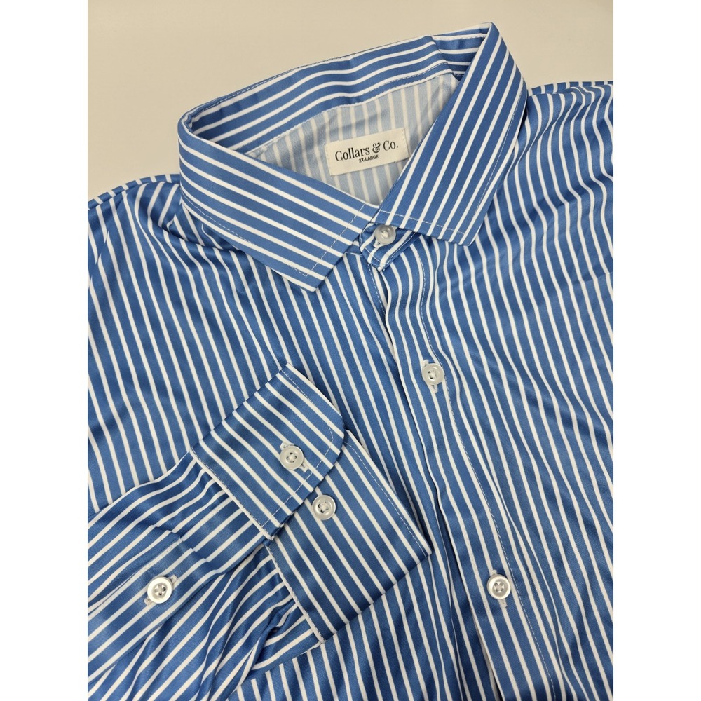 Collars & Co Shirt Mens 2XL Button Up‎ Long Sleeve Striped White Blue Polyester